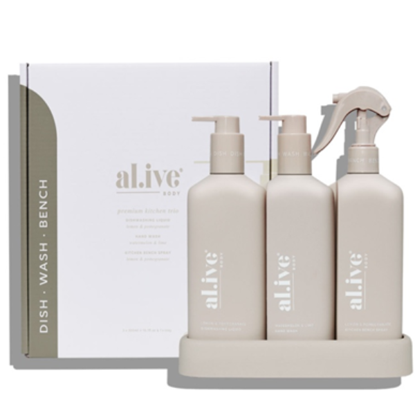 Al.ive Dishwashing Liquid, Hand Wash & Bench Spray + Tray, Premium Kitchen Trio
